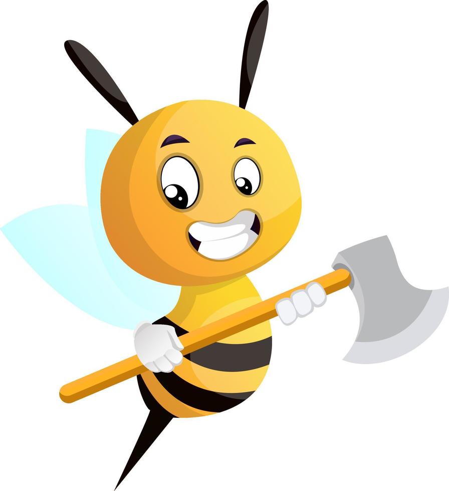 abeja sosteniendo un hacha, ilustración, vector sobre fondo blanco.