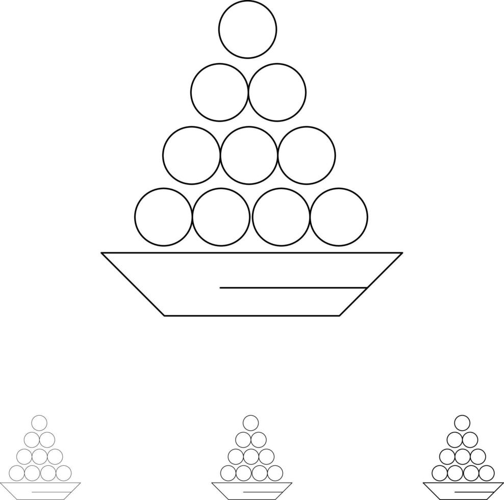 cuenco manjar postre indio laddu dulce regalo audaz y delgada línea negra conjunto de iconos vector