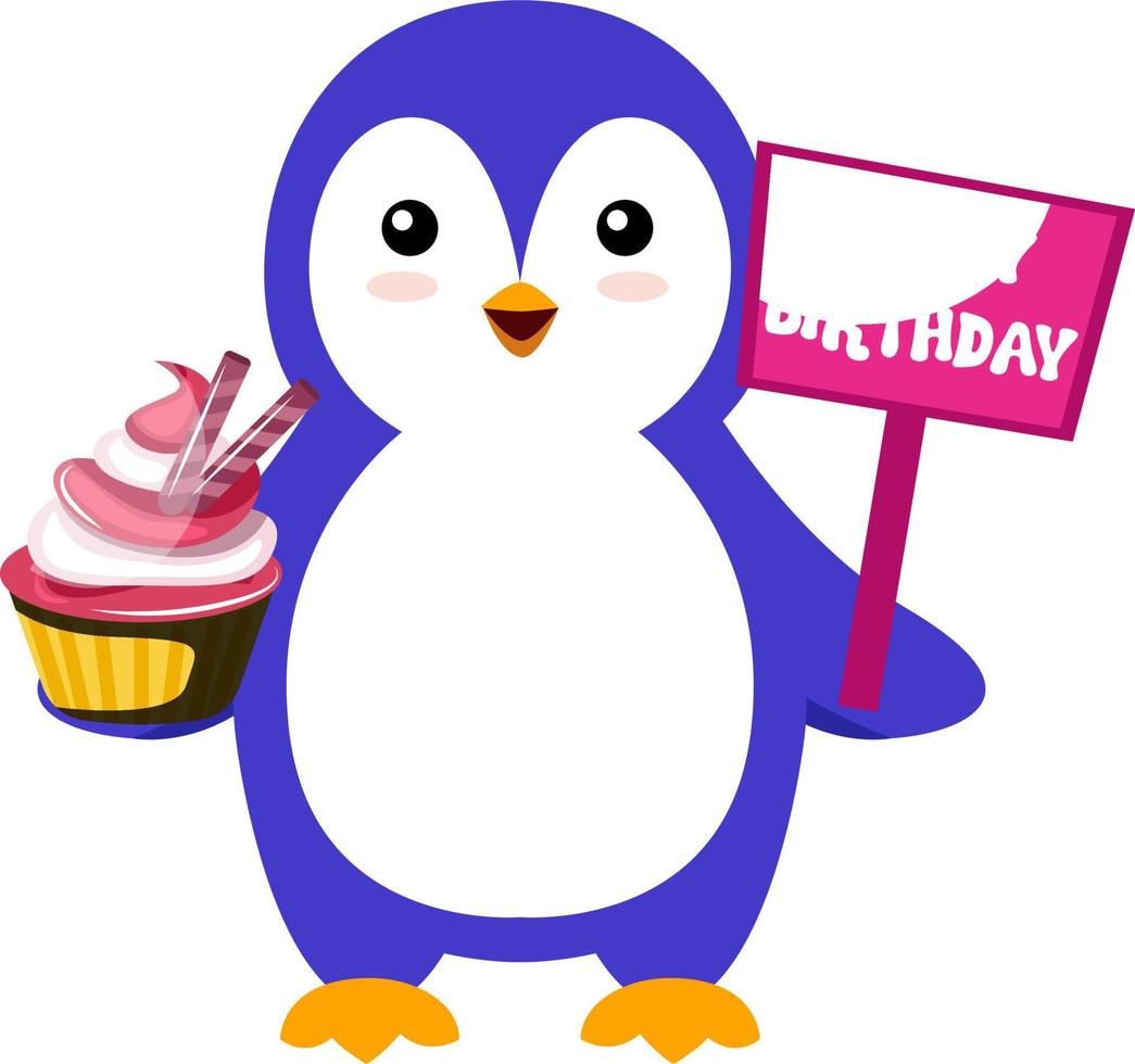 pingüino con pastel, ilustración, vector sobre fondo blanco.