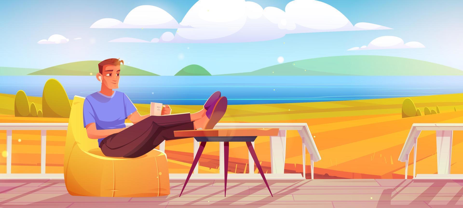 Man with coffee cup relax at outdoor home terrace vector