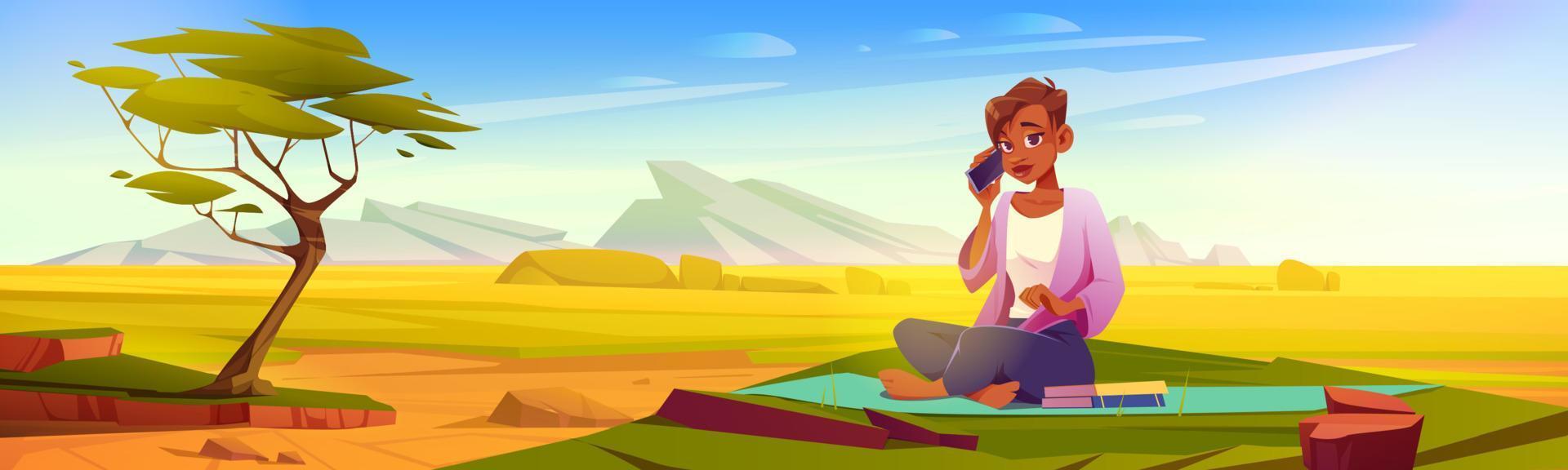 Woman with smartphone sitting on mat at savanna vector