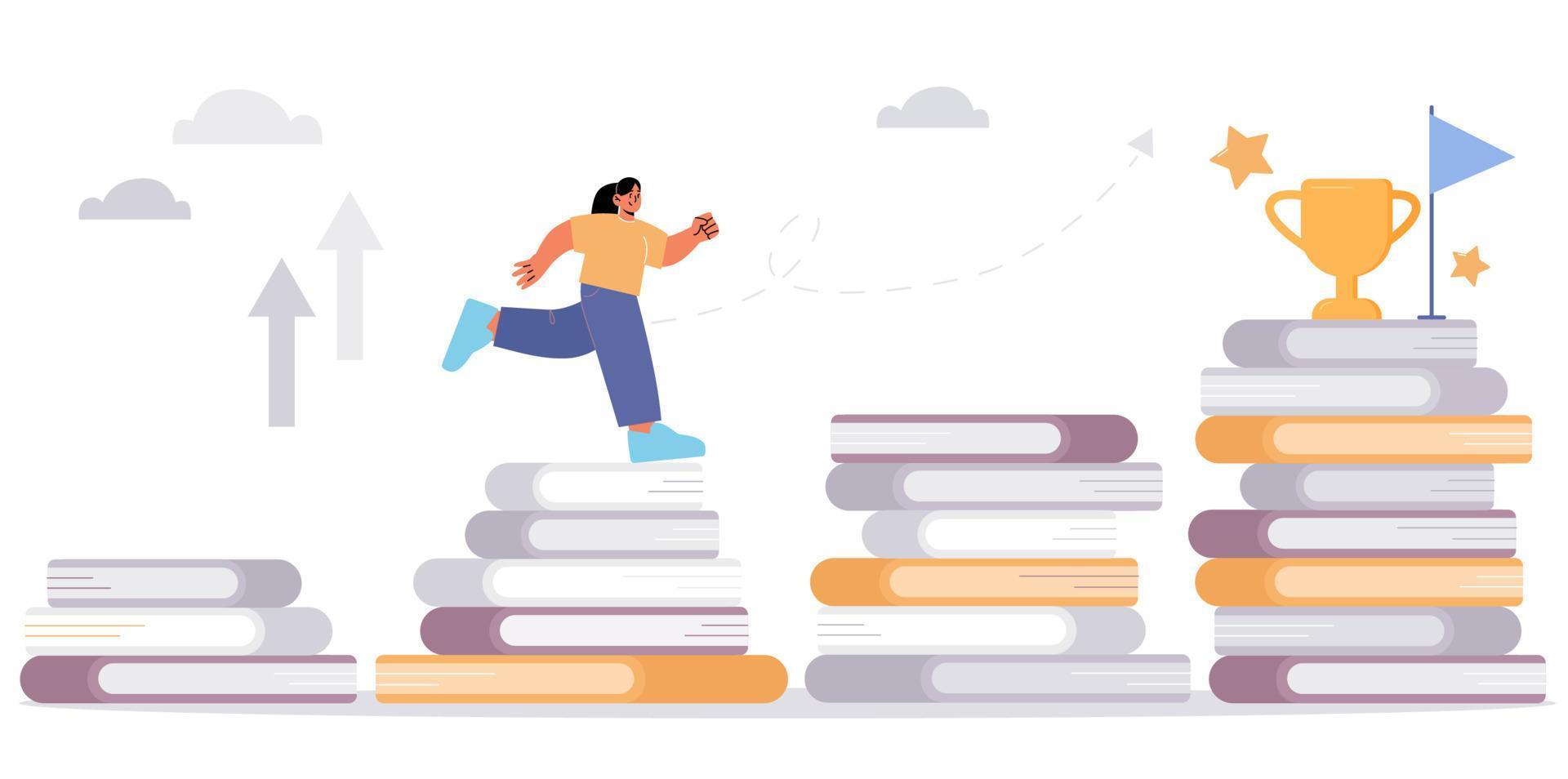 Woman run on stairs of books stacks to award vector