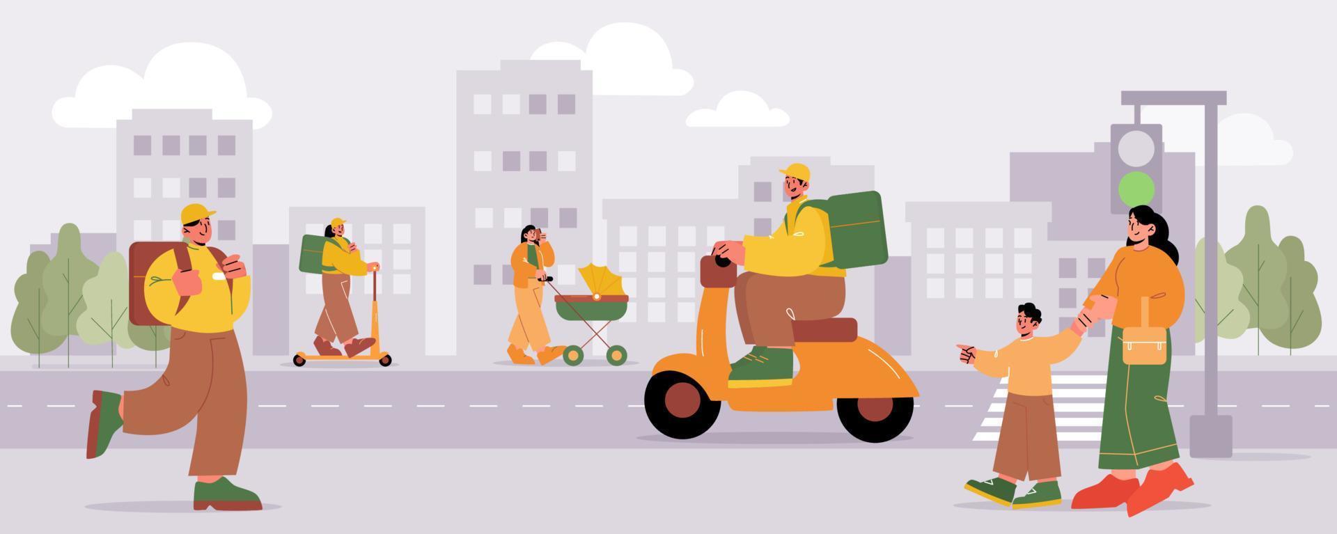 People walk at city street, characters go by road vector