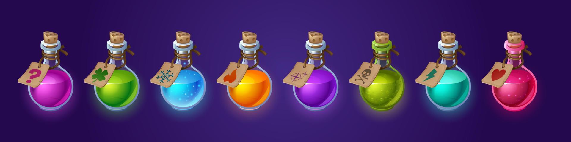 Potion glass bottles with magic elixir and tags vector