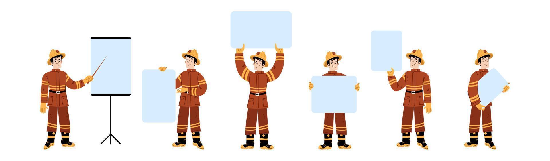 Fireman in helmet hold blank banners vector
