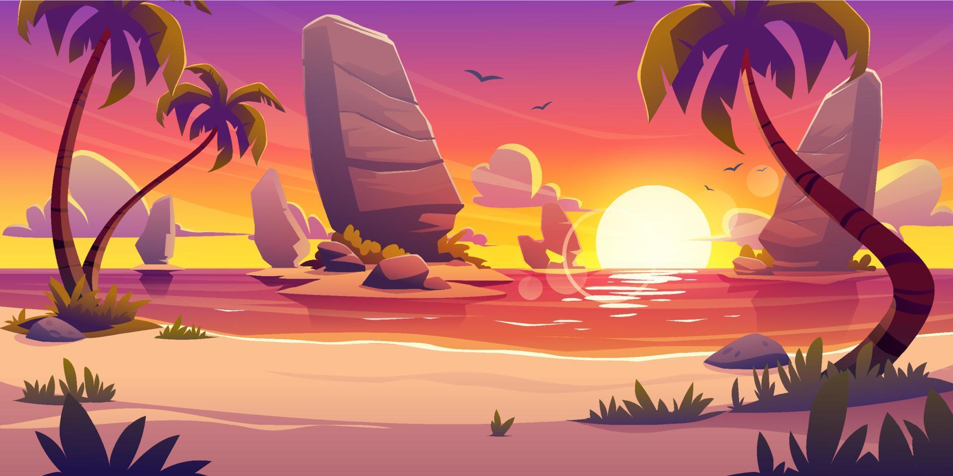 puesta de sol en la playa tropical paisaje noche paisaje vector