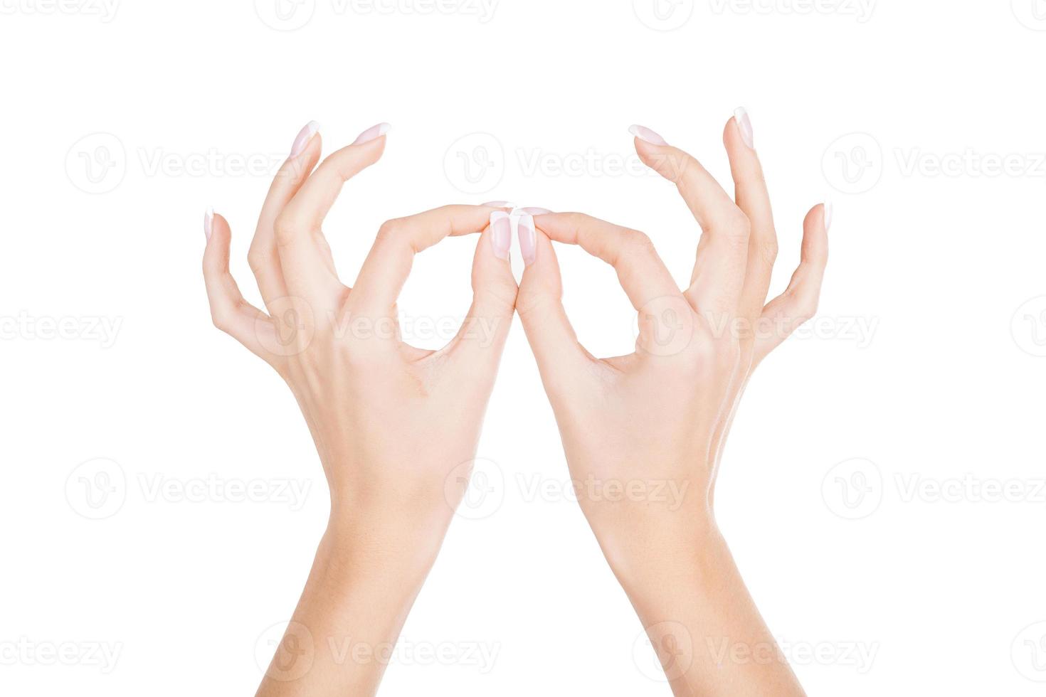 Beautiful female hands. Close-up of female hands gesturing while isolated on white background photo