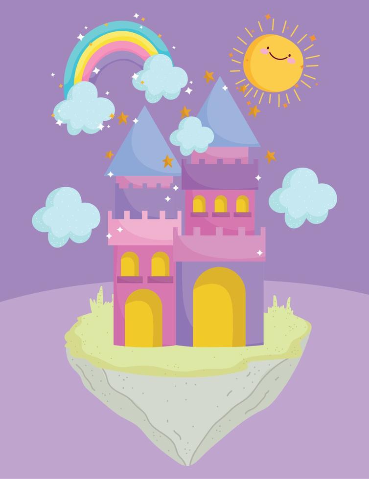 lindo castillo dibujos animados arco iris nubes sol sueño magia vector