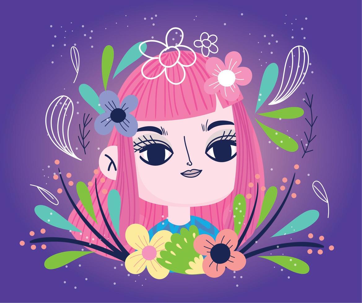 cute girl with flowers on her head leaves botany vector