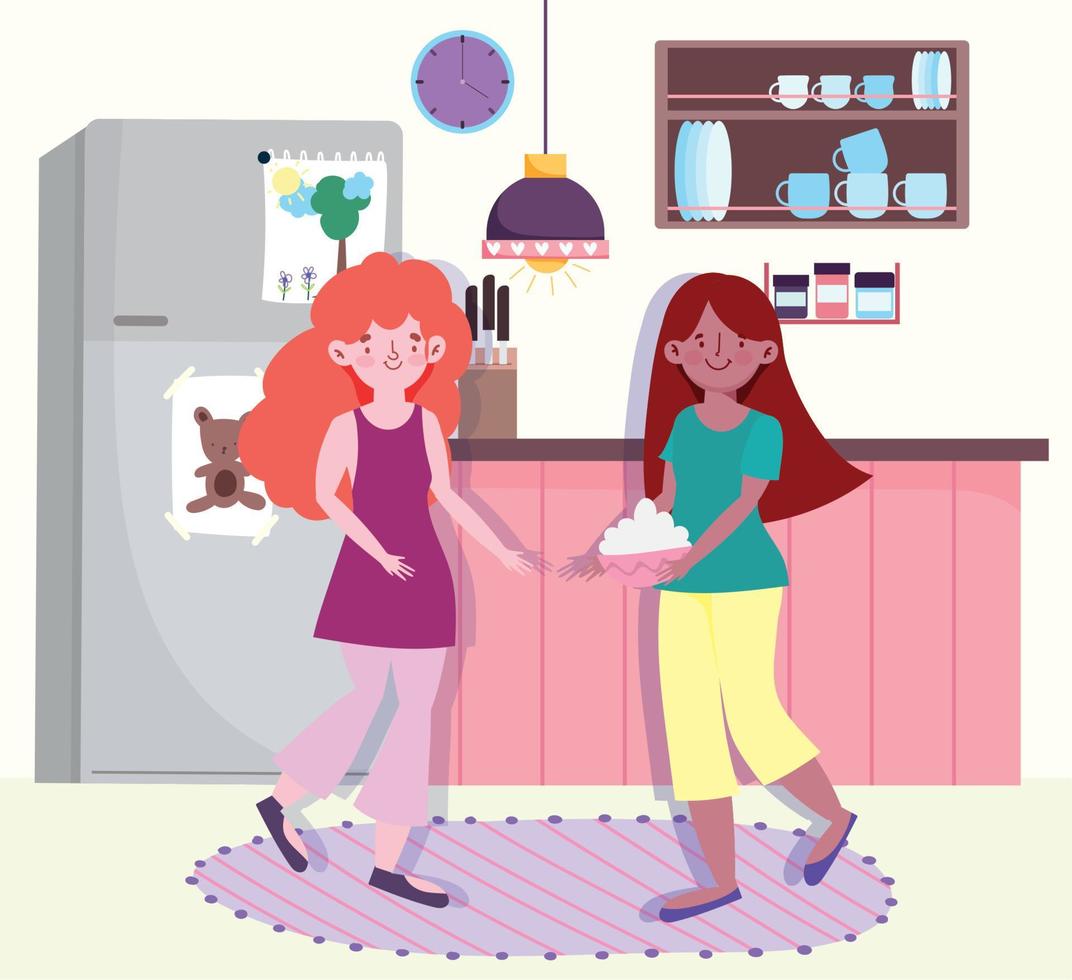 gente cocinando, chicas haciendo comida con tazón en la cocina vector