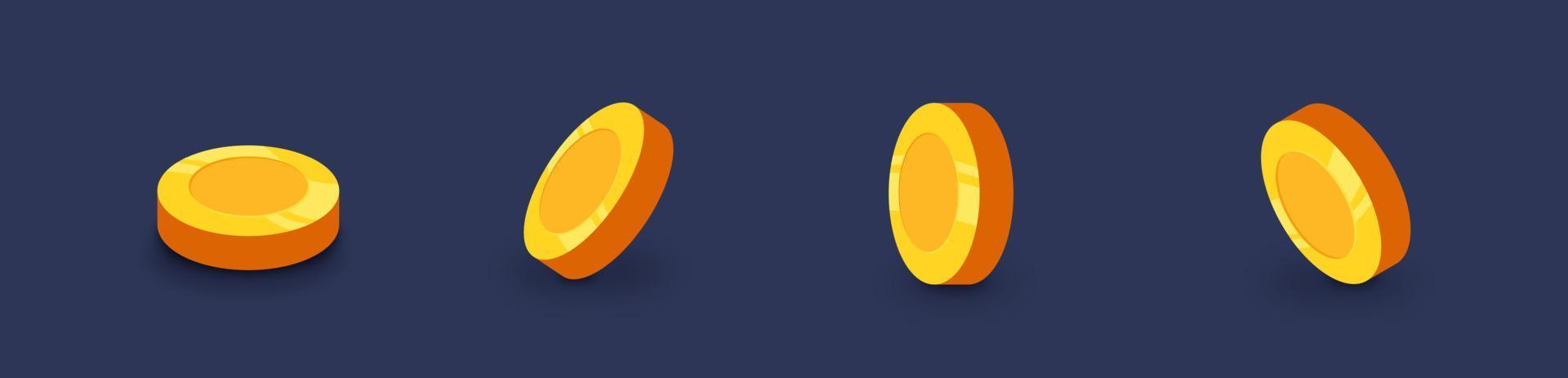 Set of empty 3d gold coins set in different positions. Set of rotating gold coins. vector