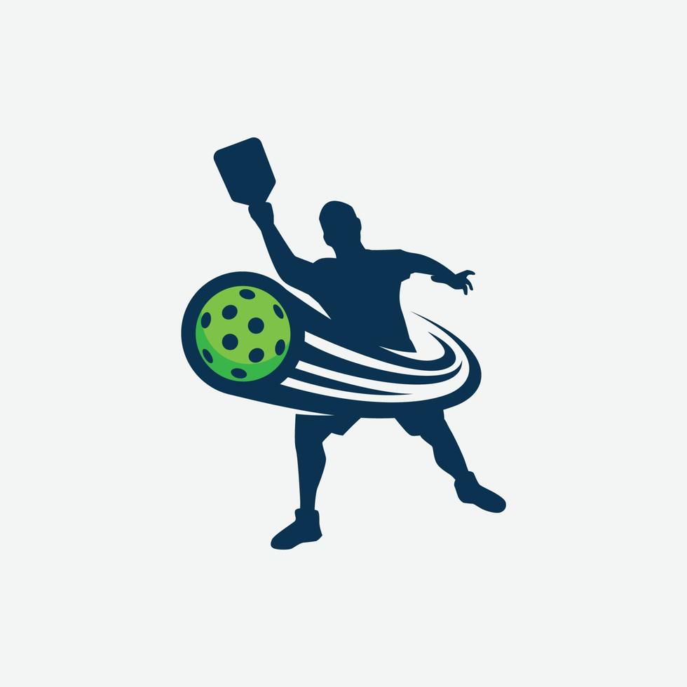 gráfico vectorial de una silueta masculina de jugador de pickleball y una bola dinámica en movimiento para publicidad, logotipo, pancarta, publicación en medios sociales, etc. vector