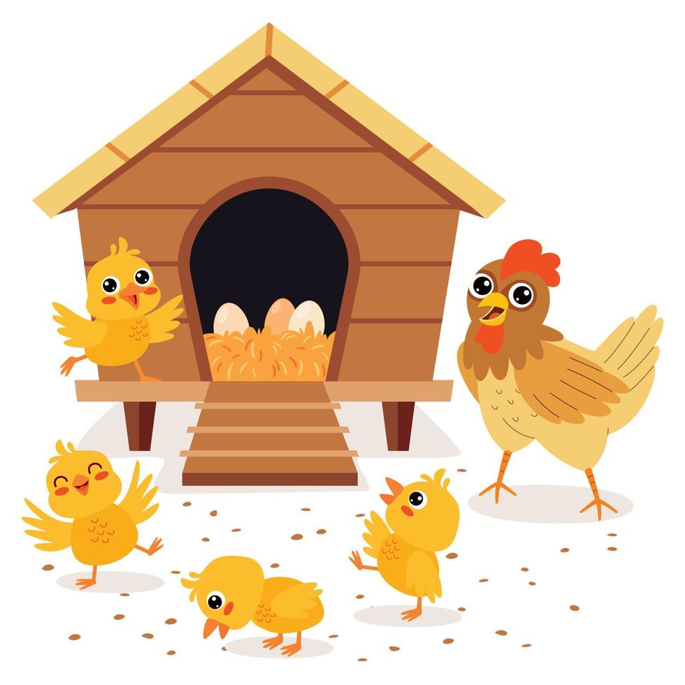 ilustración de dibujos animados de pollo y pollitos vector