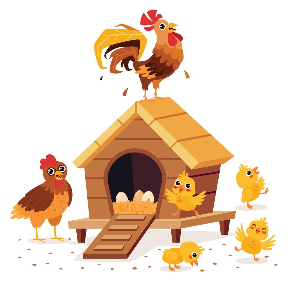 caricatura, ilustración, de, gallo, pollo, y, pollitos vector