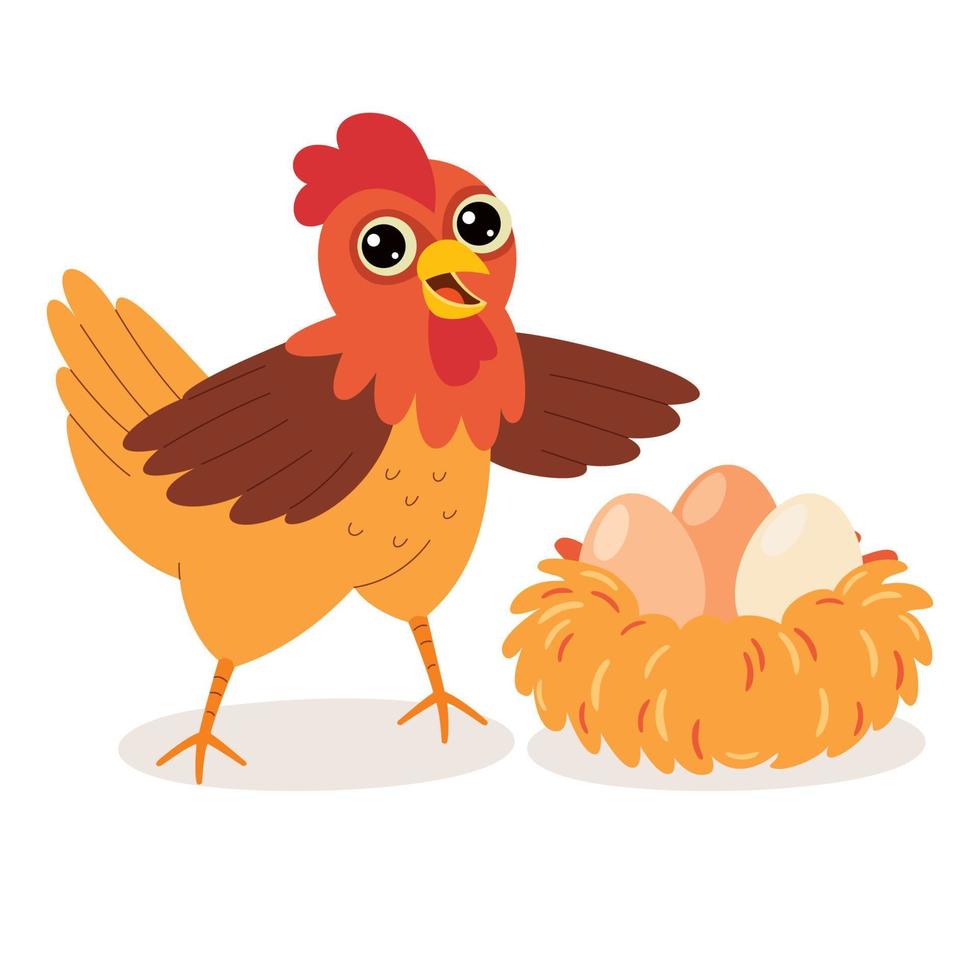 pollo de dibujos animados posando con huevos vector