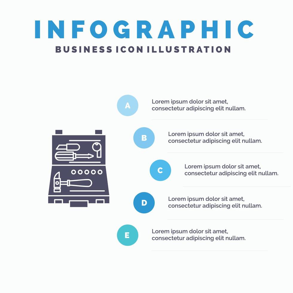 herramientas edificio construcción reparación cuadro sólido icono infografía 5 pasos presentación antecedentes vector