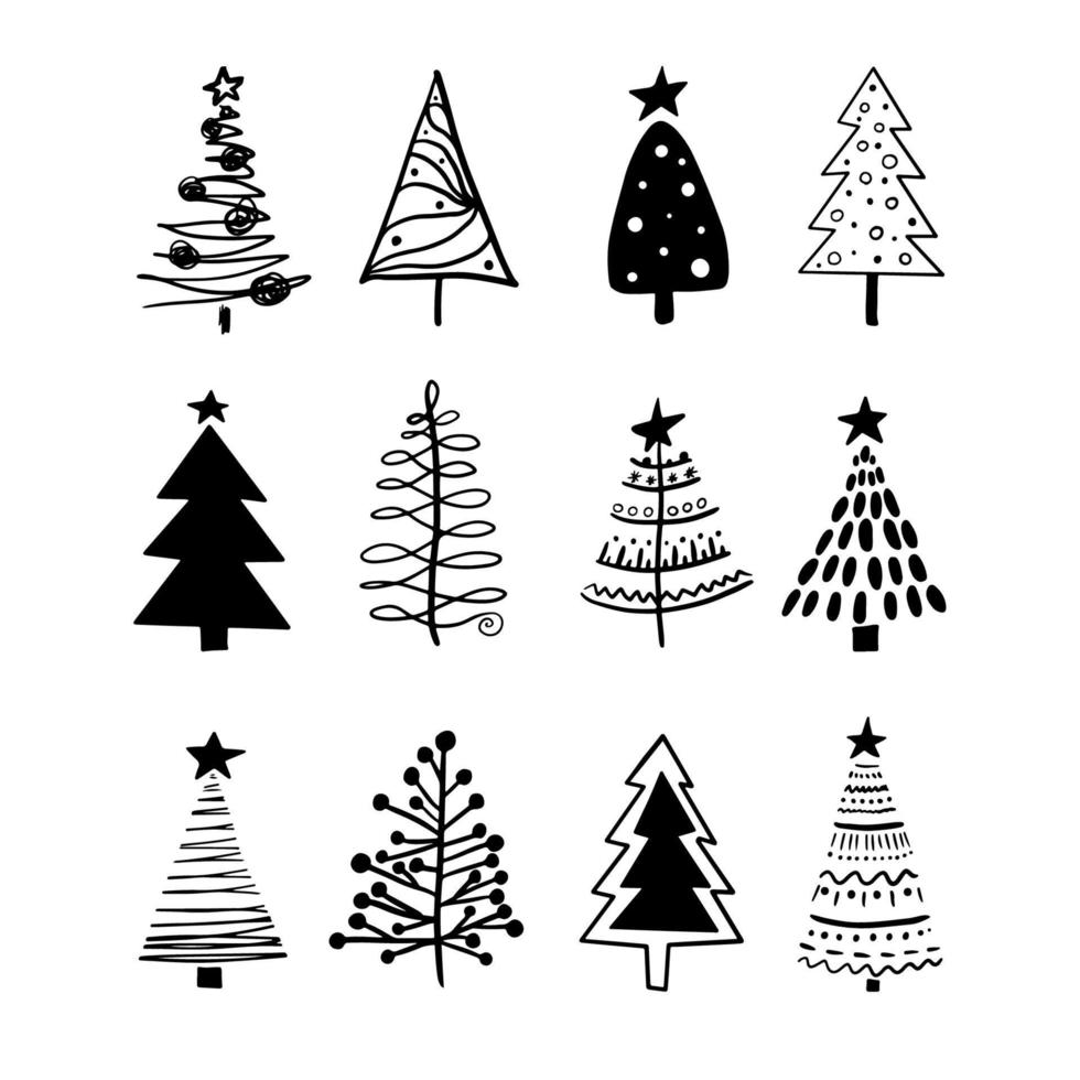 Christmas trees set. Christmas tree icons. Hand drawn in doodle style. Perfect design for greeting cards, posters, t-shirts, banners, flyers, web, print invitations. vector