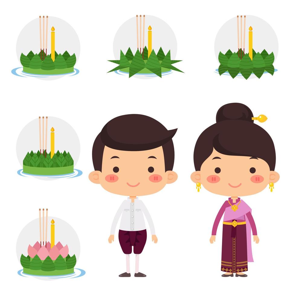 pueblo tailandés y krathong. vector