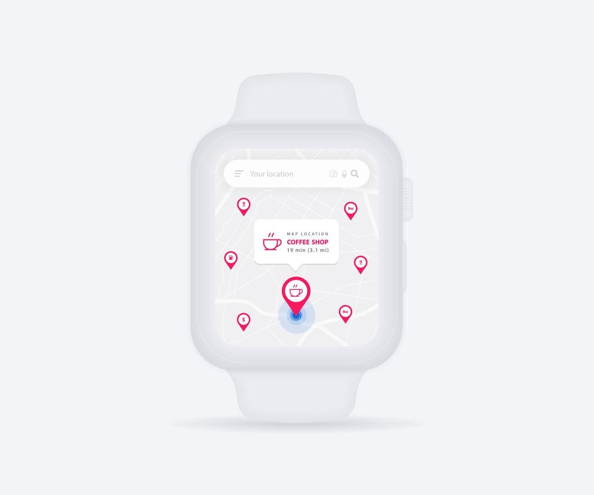 aplicación de navegación gps de mapa inteligente concepto ux ui, aplicación de mapa de reloj, reloj de pulsera de mapa de búsqueda de aplicaciones, mapa de tecnología, muñeca de navegación de la ciudad, calle de la ciudad, seguimiento gps, rastreador de ubicación, ilustración vectorial vector