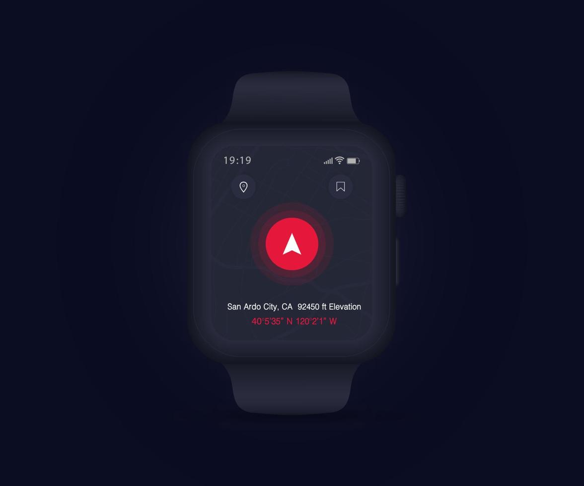 aplicación de brújula smartwatch ui ux concepto gui, aplicación gps de mapa en navegación en pantalla, reloj meteorológico, brújula de aplicación para navegador, mapa de aplicación, tecnología de navegación noroeste sureste, ilustración vectorial vector