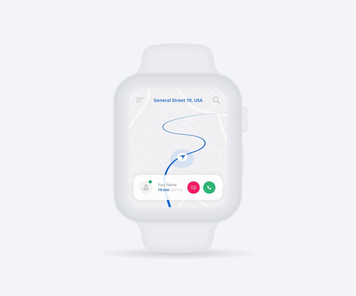 Smartwatch Map GPS navigation app ux ui concept, clock map application, App search map wristwatch, Technology map, City navigate wrist, City street, gps tracking, Location tracker, Vector illustration