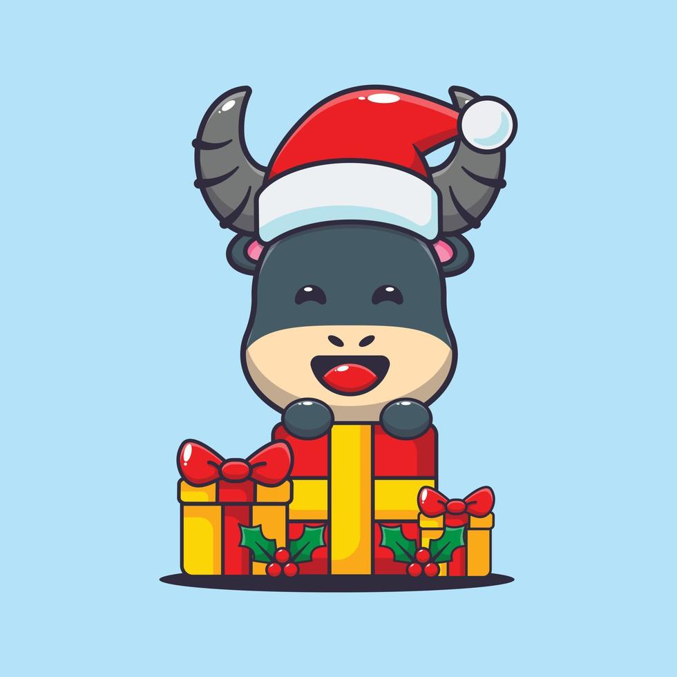 Cute buffalo with christmas gift. Cute christmas cartoon illustration. vector