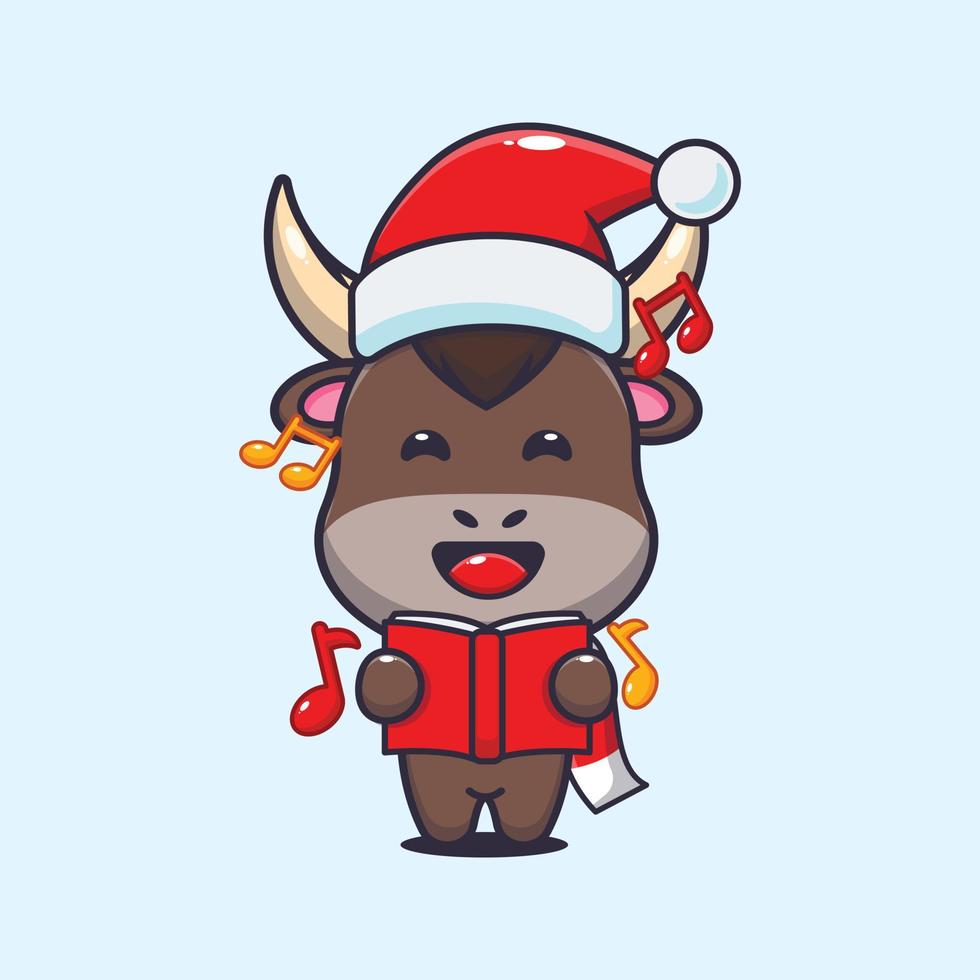 Cute bull sing a christmas song. Cute christmas cartoon illustration. vector