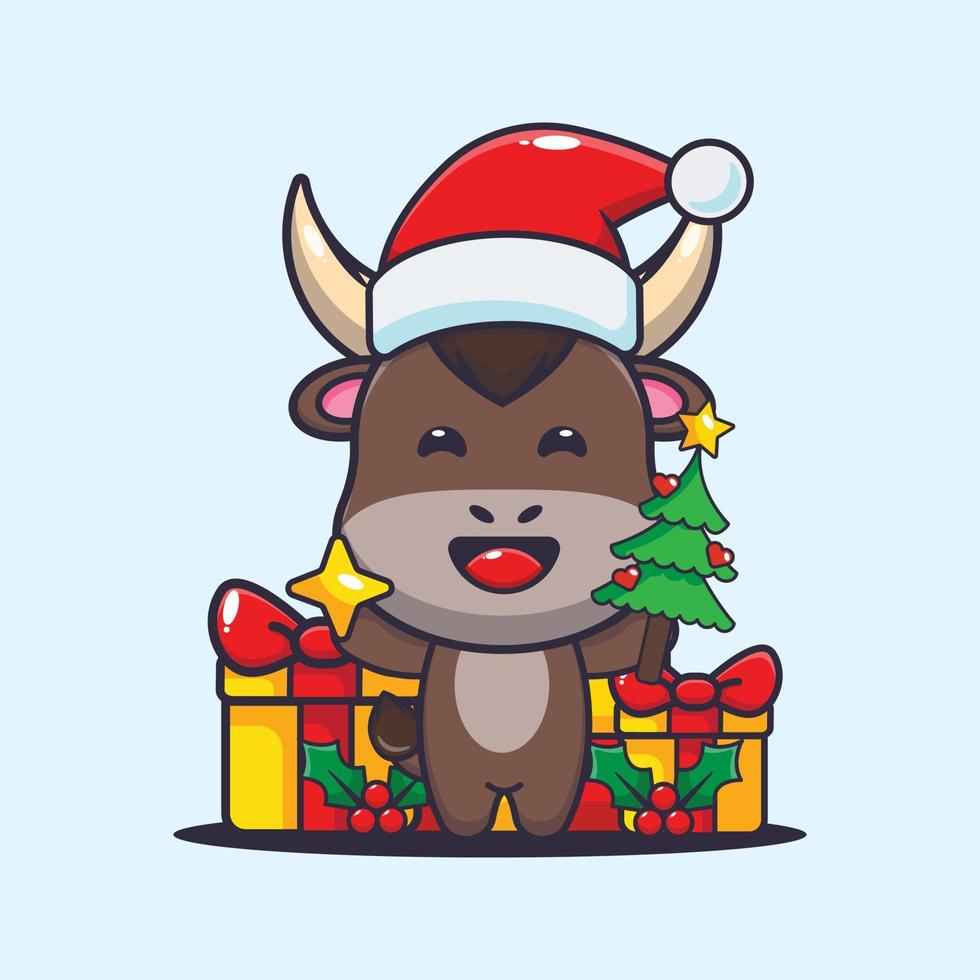 lindo toro con estrella y árbol de navidad. linda ilustración de dibujos animados de navidad. vector