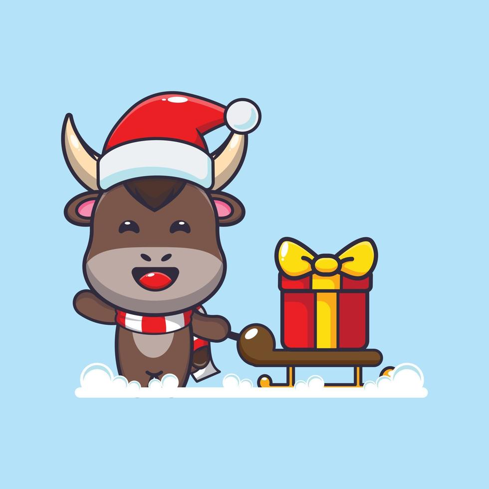 lindo toro con caja de regalo de navidad. linda ilustración de dibujos animados de navidad. vector