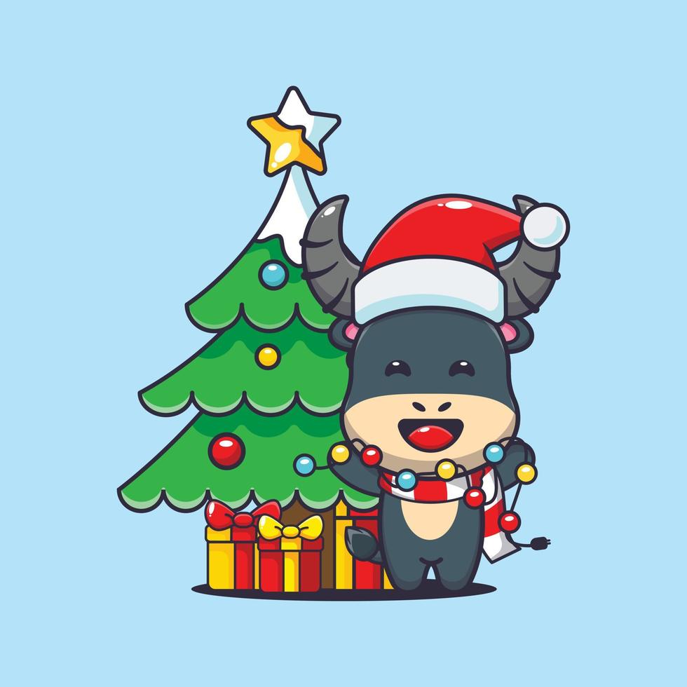 Cute buffalo with christmast lamp. Cute christmas cartoon illustration. vector