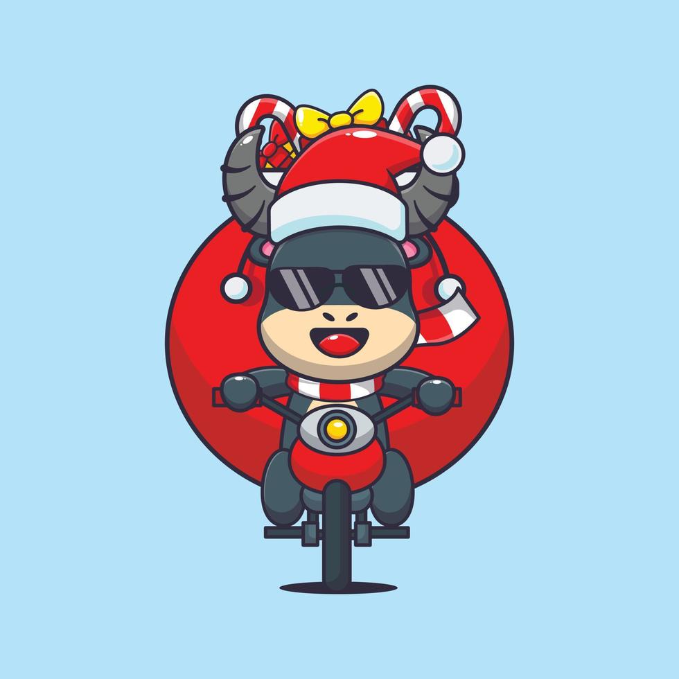 Cute buffalo carrying christmas gift with motorcycle. Cute christmas cartoon illustration. vector