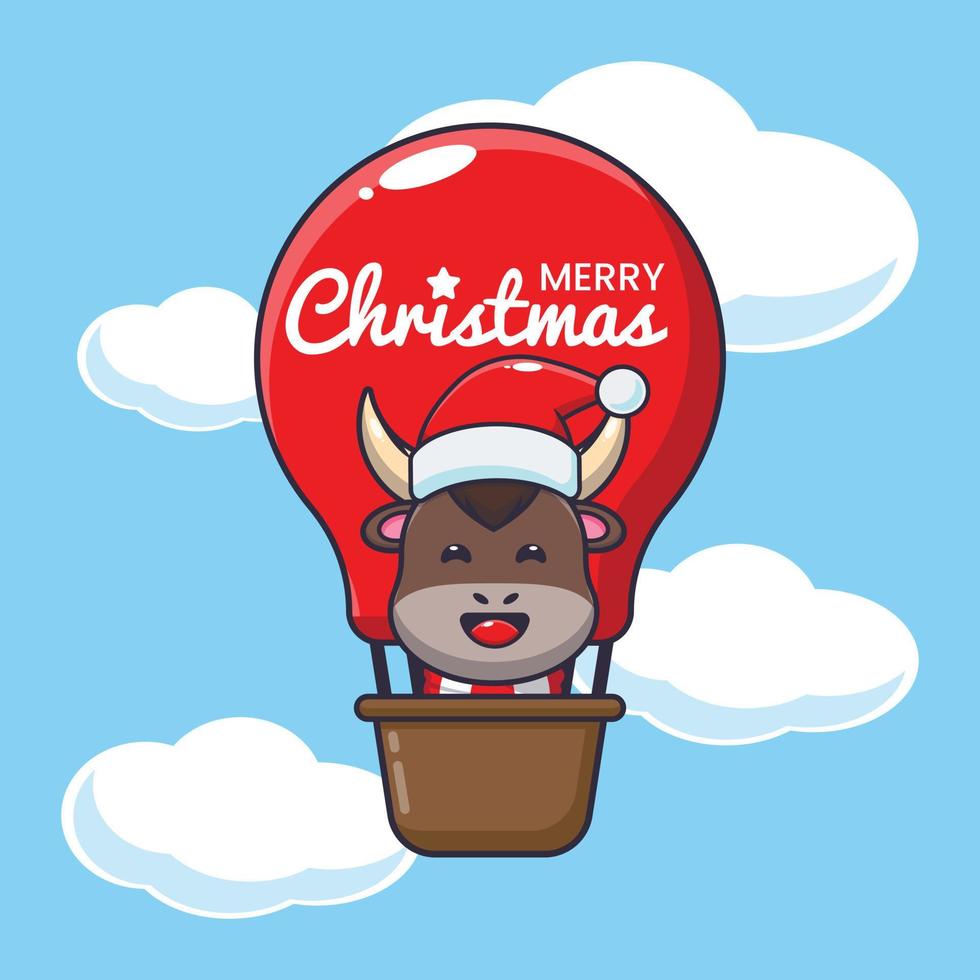 Cute bull fly with air balloon. Cute christmas cartoon illustration. vector