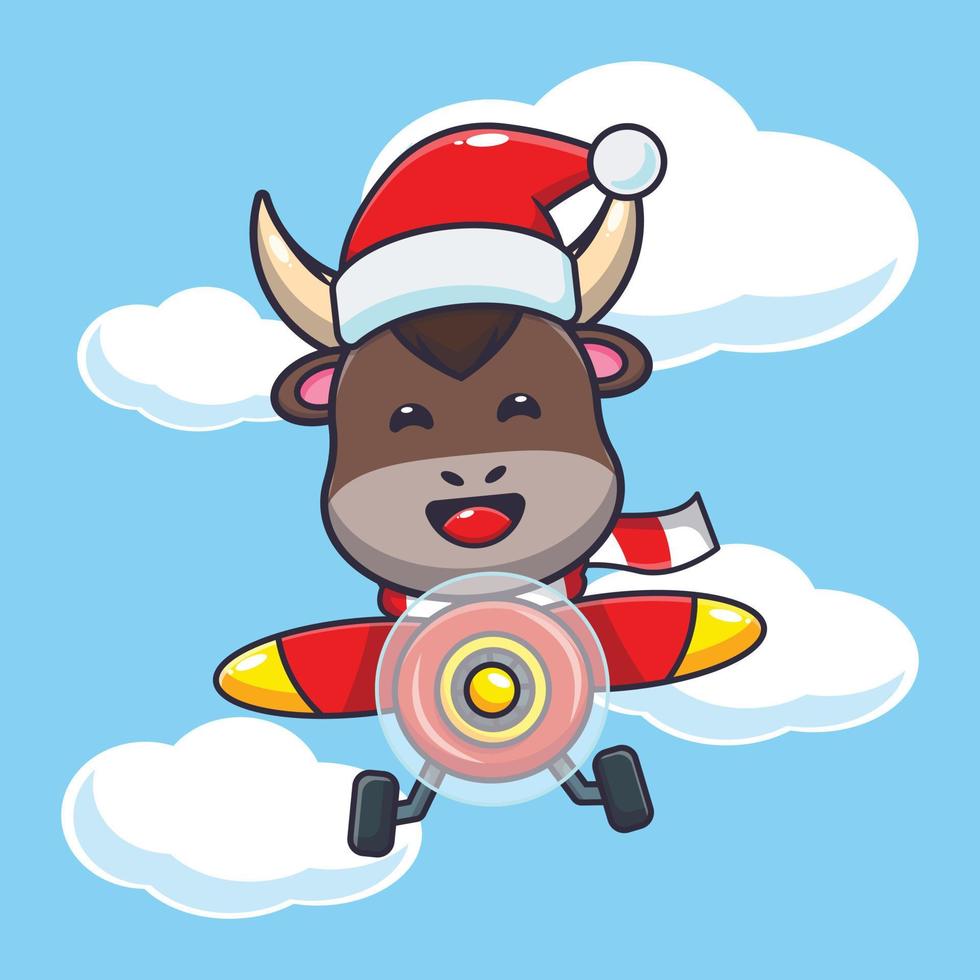 Cute bull wearing santa hat flying with plane. Cute christmas cartoon illustration. vector