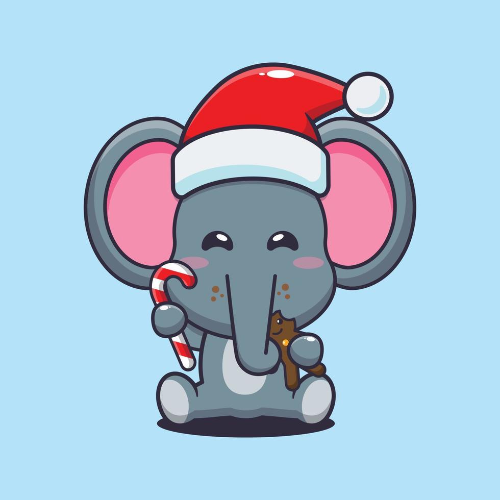 lindo elefante comiendo galletas y dulces de navidad. linda ilustración de dibujos animados de navidad. vector