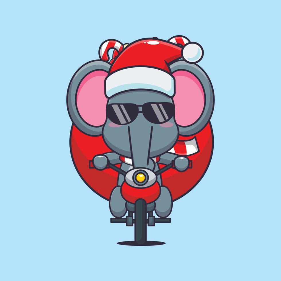 lindo elefante llevando regalo de navidad con motocicleta. linda ilustración de dibujos animados de navidad. vector