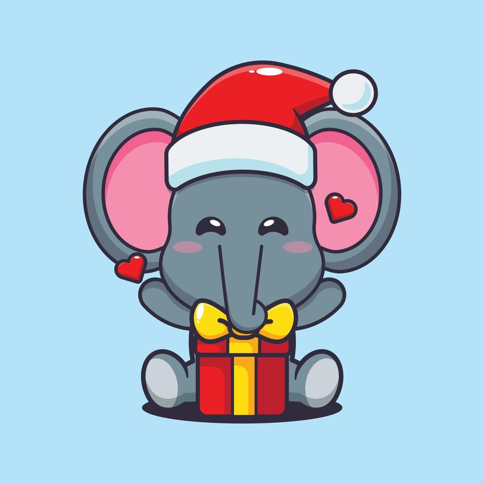 lindo elefante feliz con regalo de navidad. linda ilustración de dibujos animados de navidad. vector
