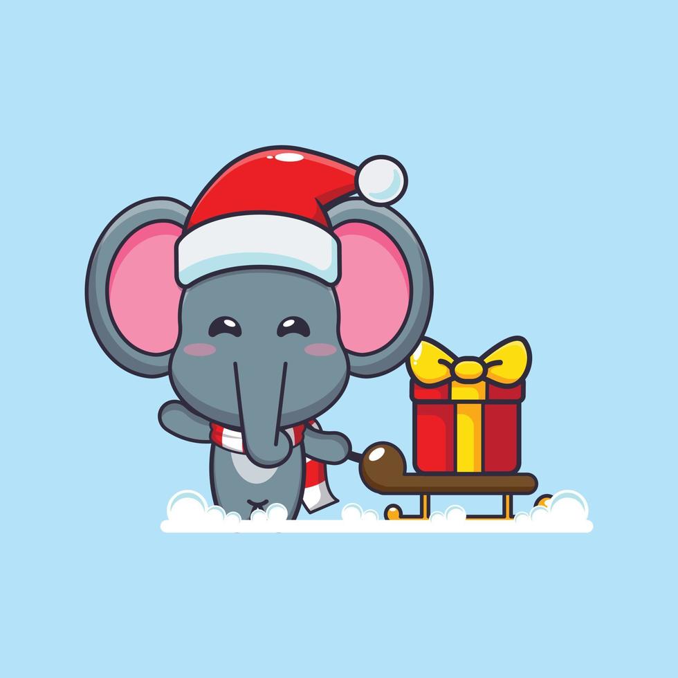 Cute elephant carrying christmas gift box. Cute christmas cartoon illustration. vector