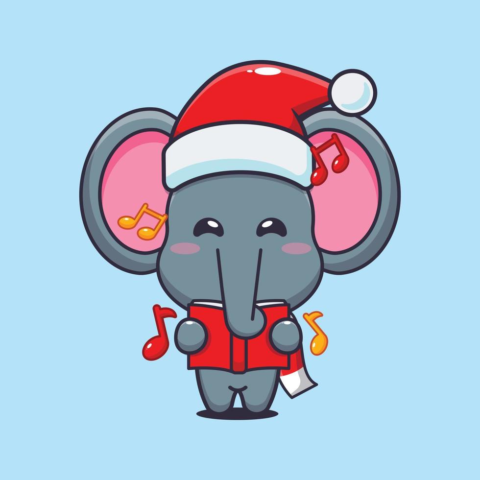 lindo elefante canta una canción de navidad. linda ilustración de dibujos animados de navidad. vector