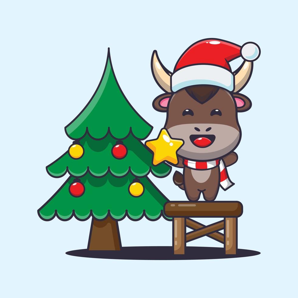 Cute bull taking star from christmas tree. Cute christmas cartoon illustration. vector