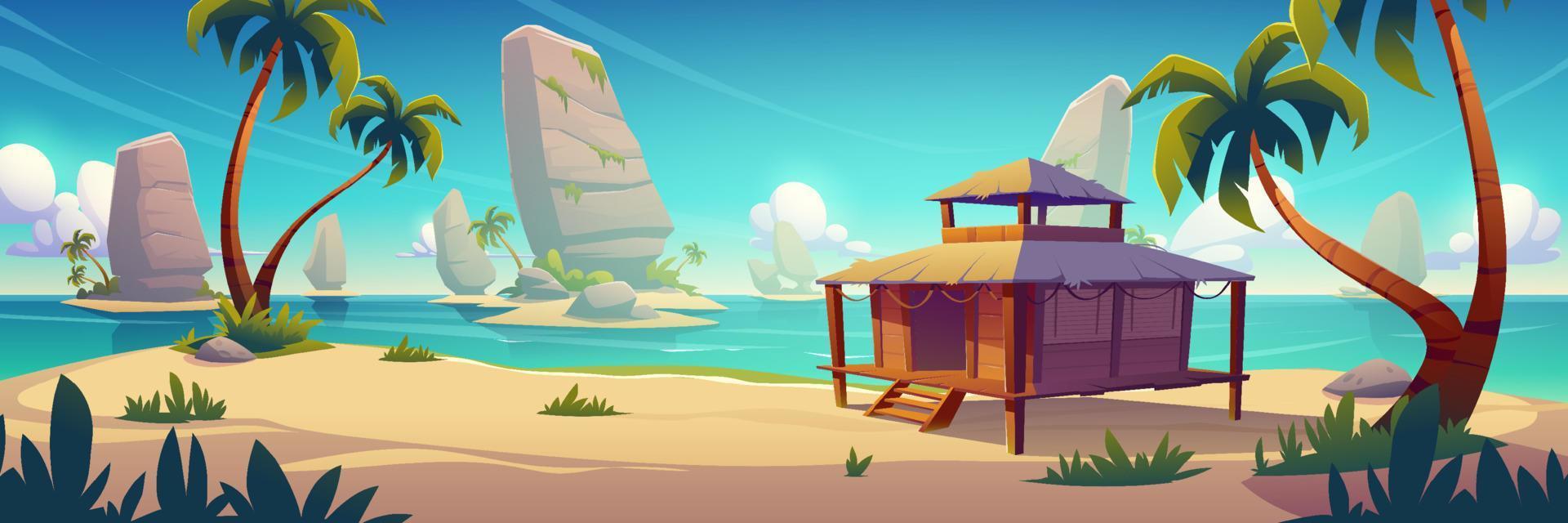 Beach hut or bungalow on tropical beach, island vector