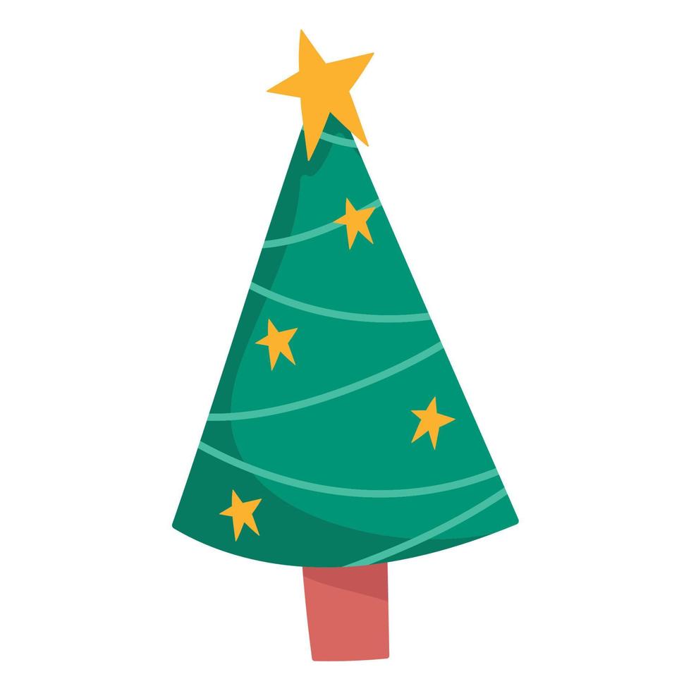 feliz árbol de navidad con decoración de estrellas e icono de celebración vector