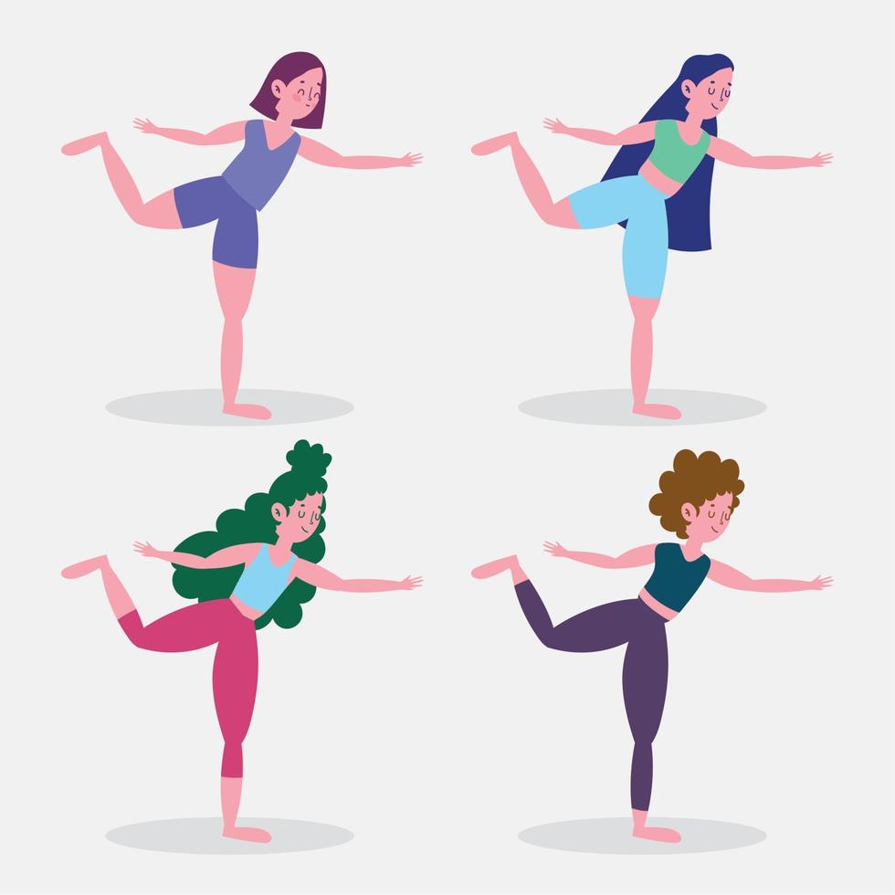 group women practicing yoga activity sport exercise at home vector