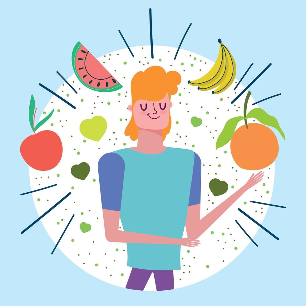 joven con frutas tropicales nutrición vida sana vector