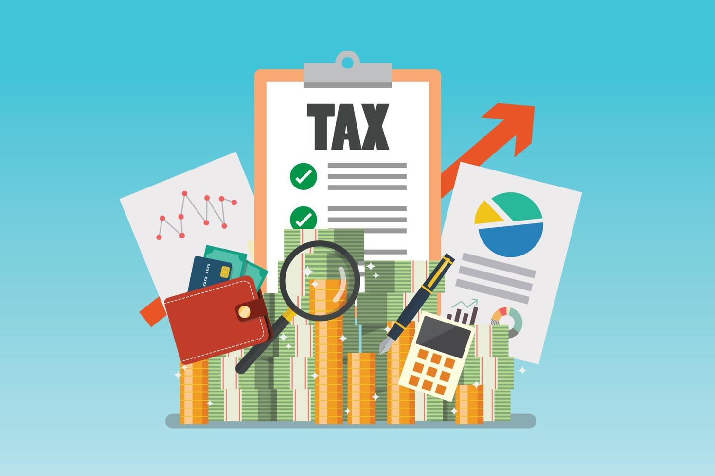 Tax report with money and calculator vector
