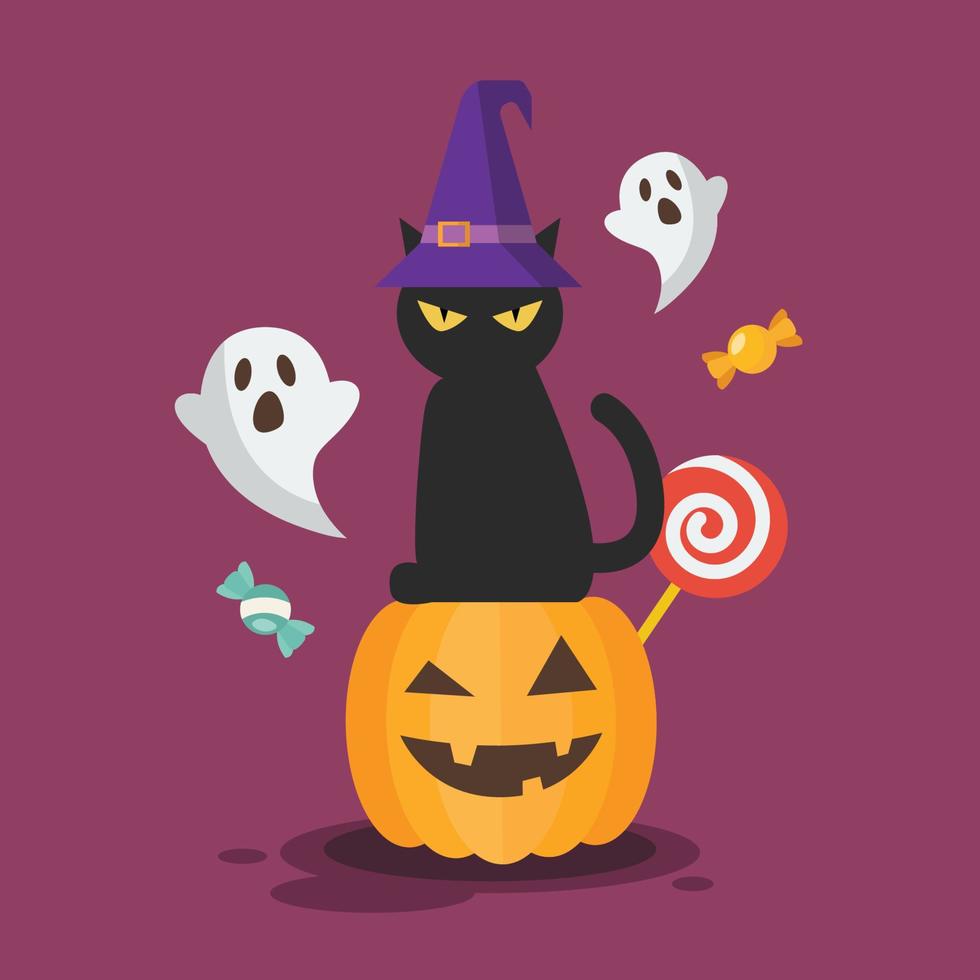 gato negro con sombrero de bruja sentado en una calabaza de halloween vector