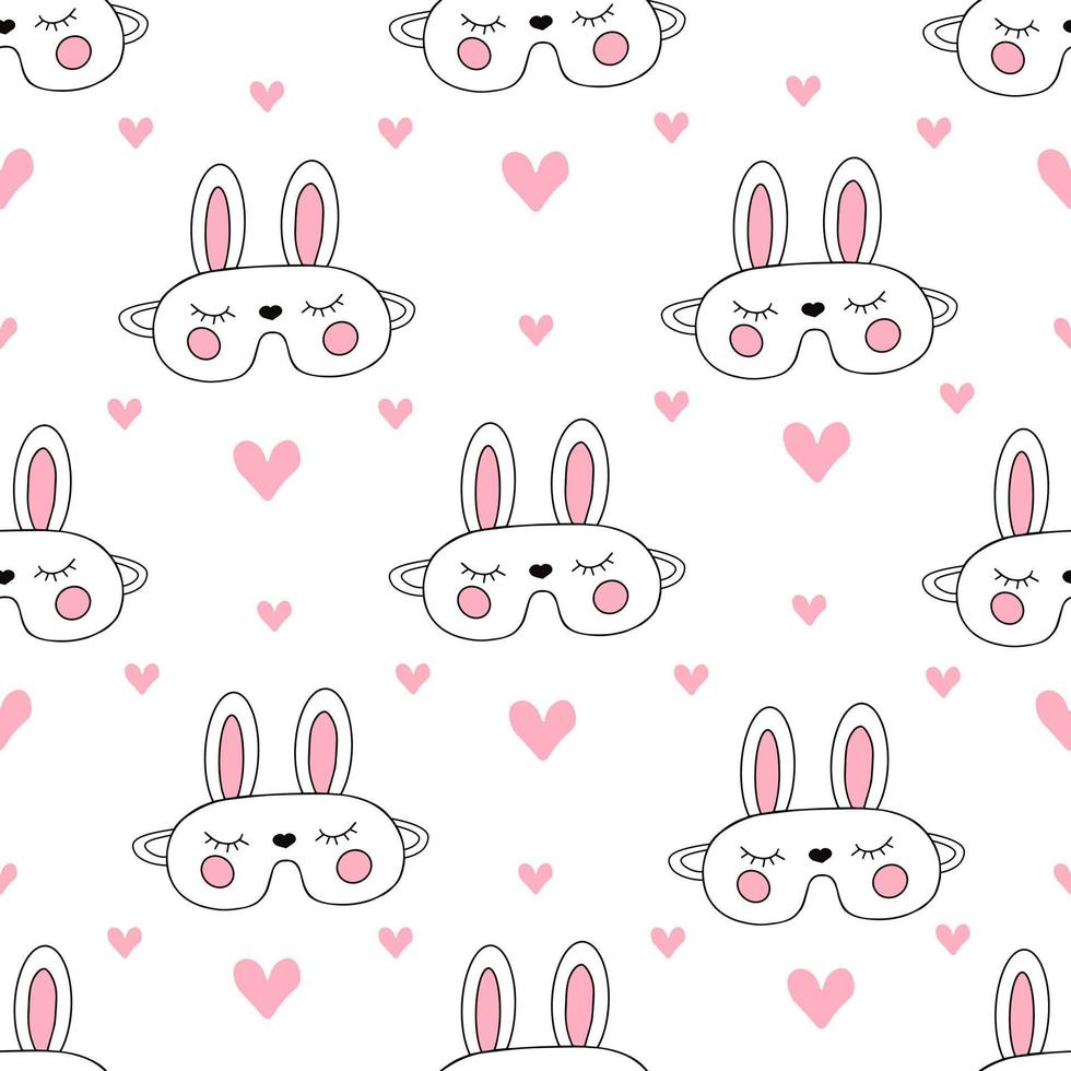 Bunny sleeping mask, rabbit seamless pattern. Illustration for printing, background, cover and packaging. Image can be used for greeting card, poster and textile. Isolated on white background. vector