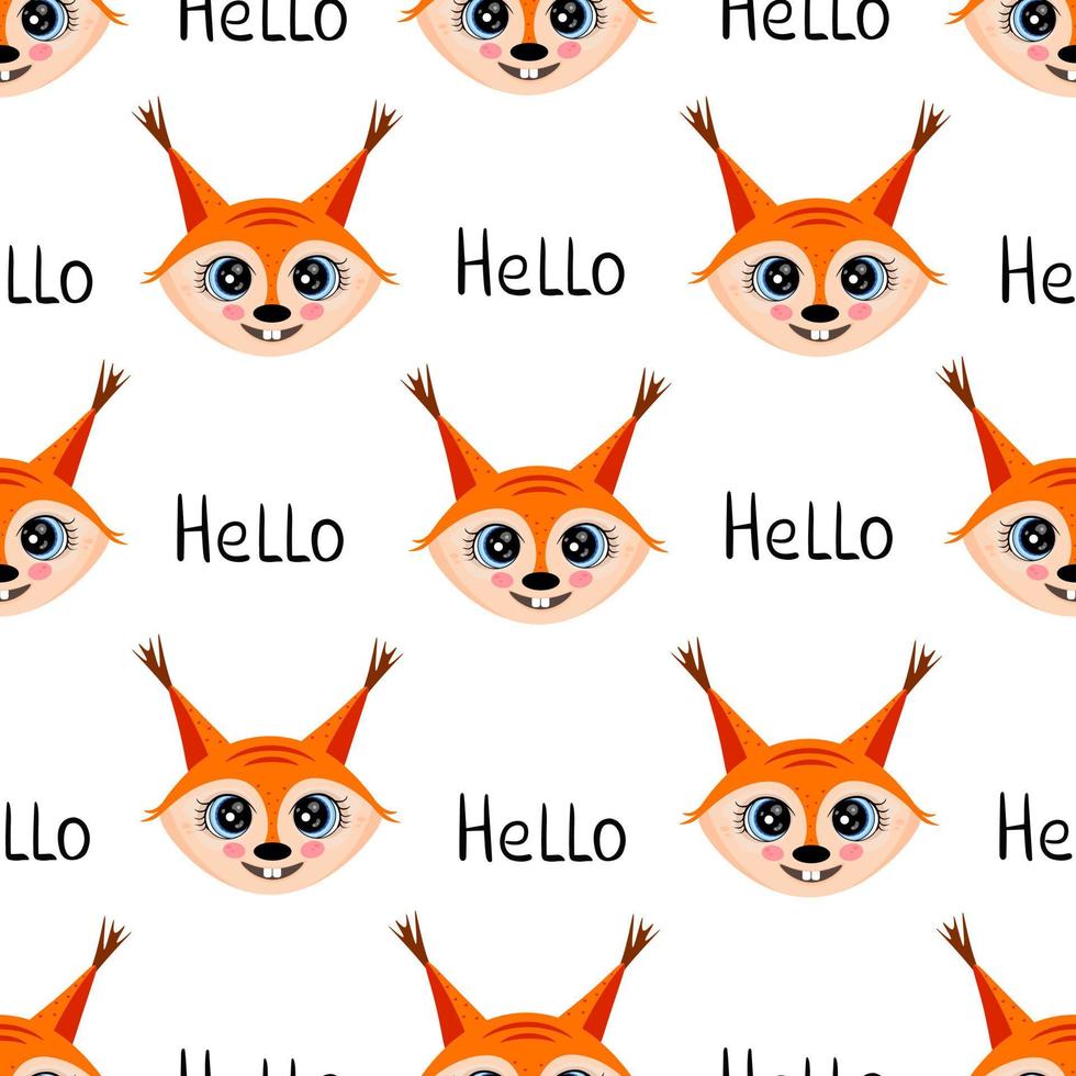 Squirrel, hello lettering, seamless pattern. Illustration for backgrounds, covers and packaging. Image can be used for greeting cards, posters and textile. Isolated on white background. vector