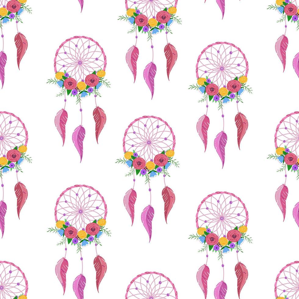 Dream catcher seamless pattern. Hand drawn native Indian-American dream catcher. Illustration for printing, backgrounds, covers and packaging. Isolated on white background. vector