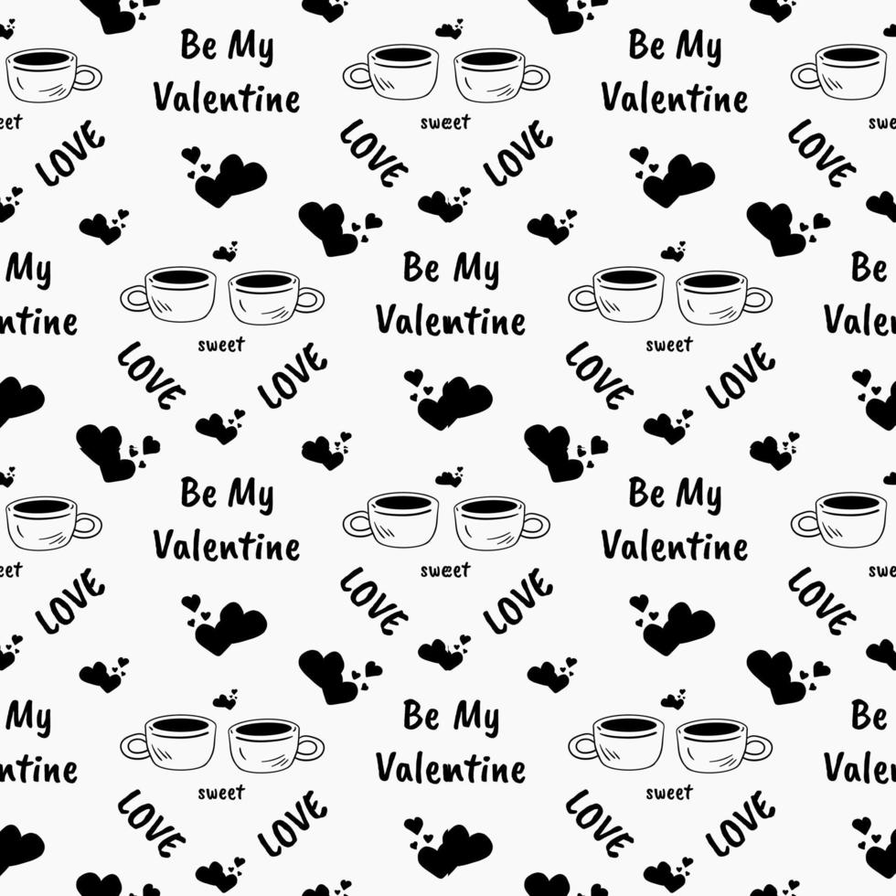 Hand drawn doodle two cups of tea of coffee with heart shape in Valentine's Day seamless pattern. vector