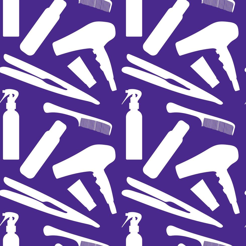 Professional hairdresser tools Barbershop Beauty Hairdressing salon, hair straighteners, curling tongs, scissors Design for print. Vector Seamless pattern